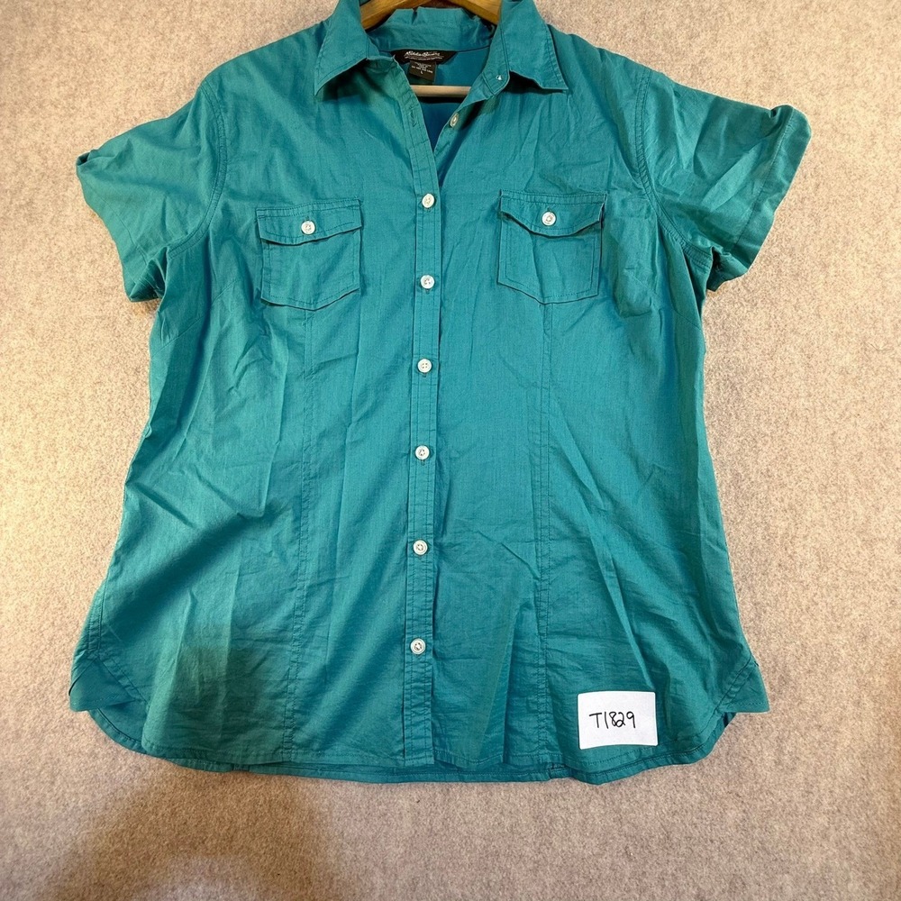 Eddie Bauer Womens Teal Green 100% Cotton Short Sleeve Button Up‎ Shirt Large